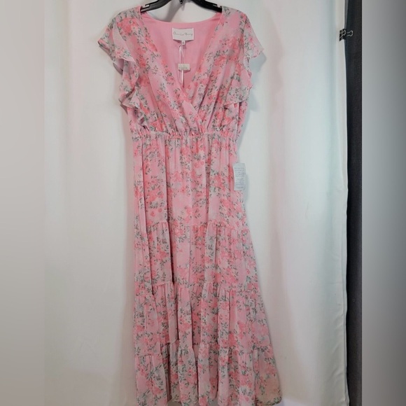 Charles Henry Ruffle Sleeve Floral Faux Wrap Dress In Pink Blossom Size M - Picture 6 of 6
